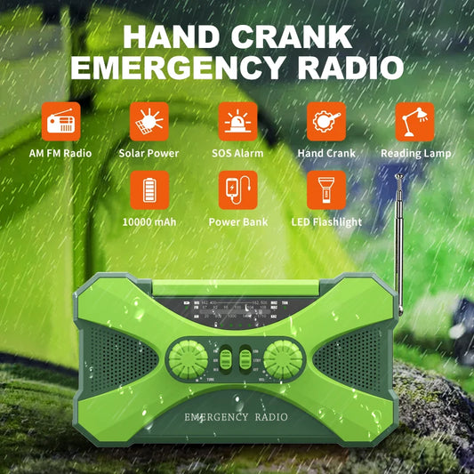 Emergency Flashlight Torch Solar Panel Power Bank Rechargeable Radio Hand Crank 10000Mah AM/FM/NOAA Weather Radios Home Outdoors